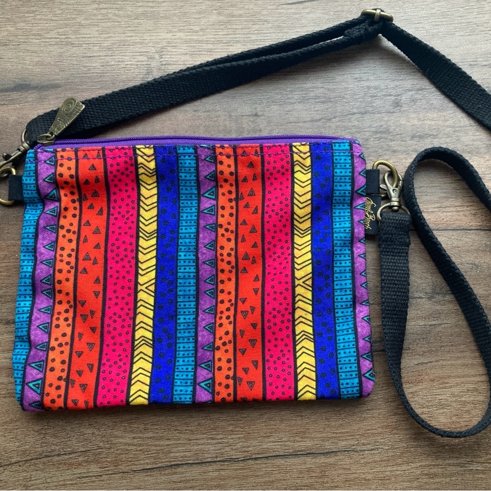 Laurel Burch Crossbody Multicolor Striped Fabric Tribal Geometric Rainbow Bright